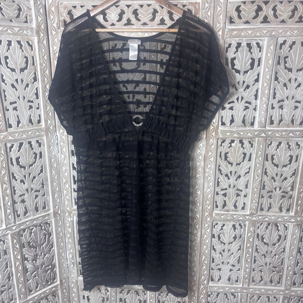 Dotti Swim Cover Up Women Black Sheer Mesh Horizontal Stripes Beach Pool Large